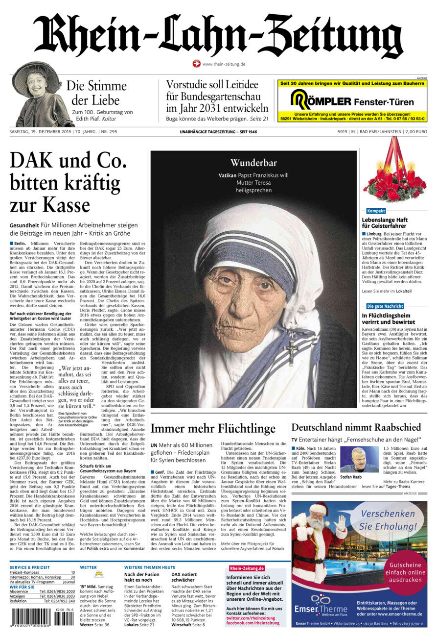 Rhein-Lahn-Zeitung vom Samstag, 19.12.2015