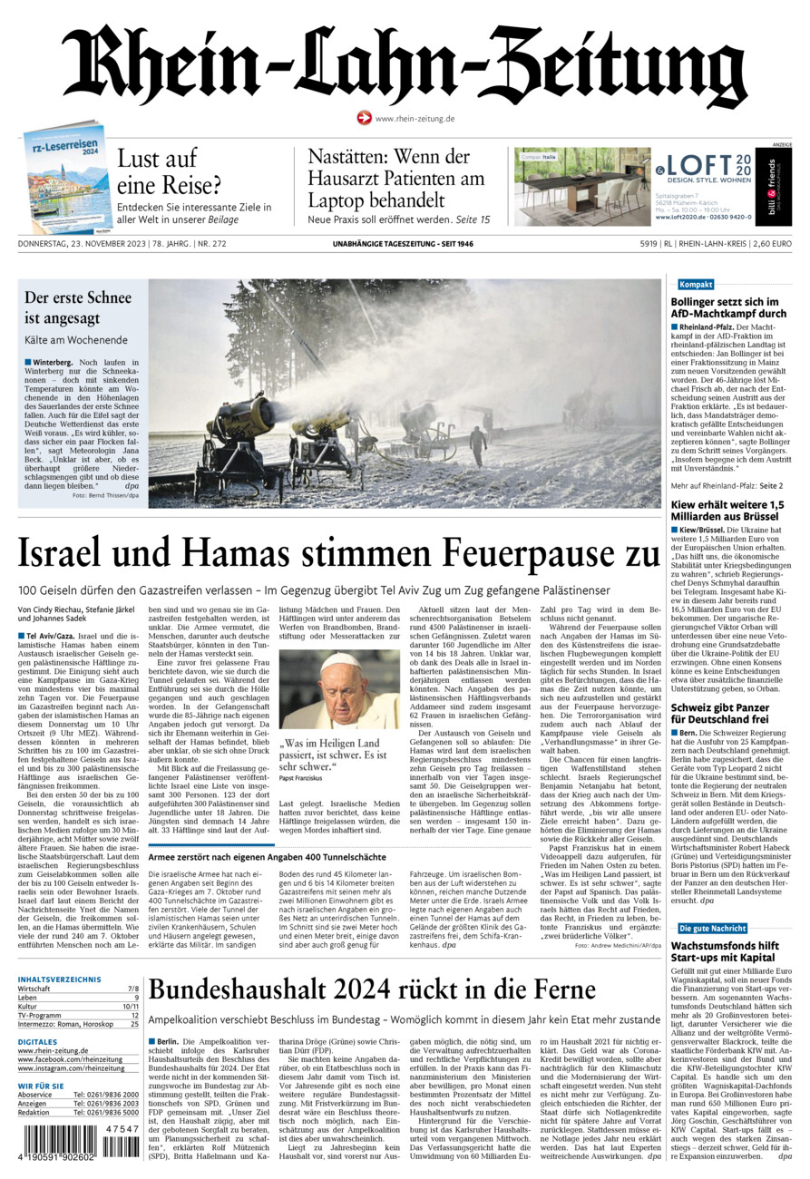 Rhein-Lahn-Zeitung vom Donnerstag, 23.11.2023