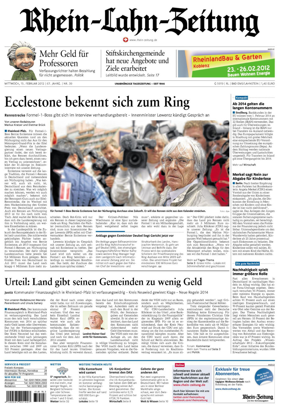 Rhein-Lahn-Zeitung vom Mittwoch, 15.02.2012