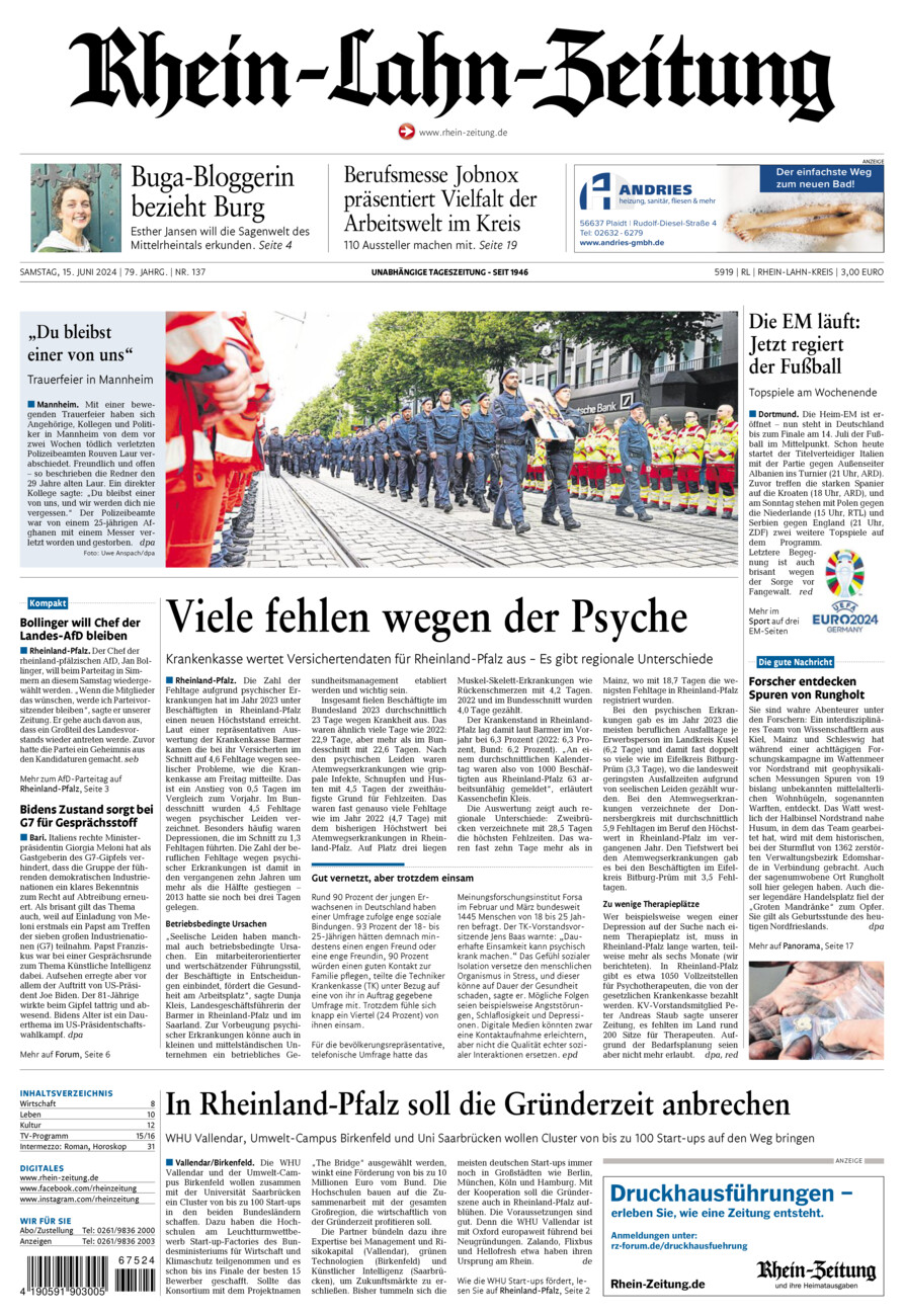 Rhein-Lahn-Zeitung vom Samstag, 15.06.2024