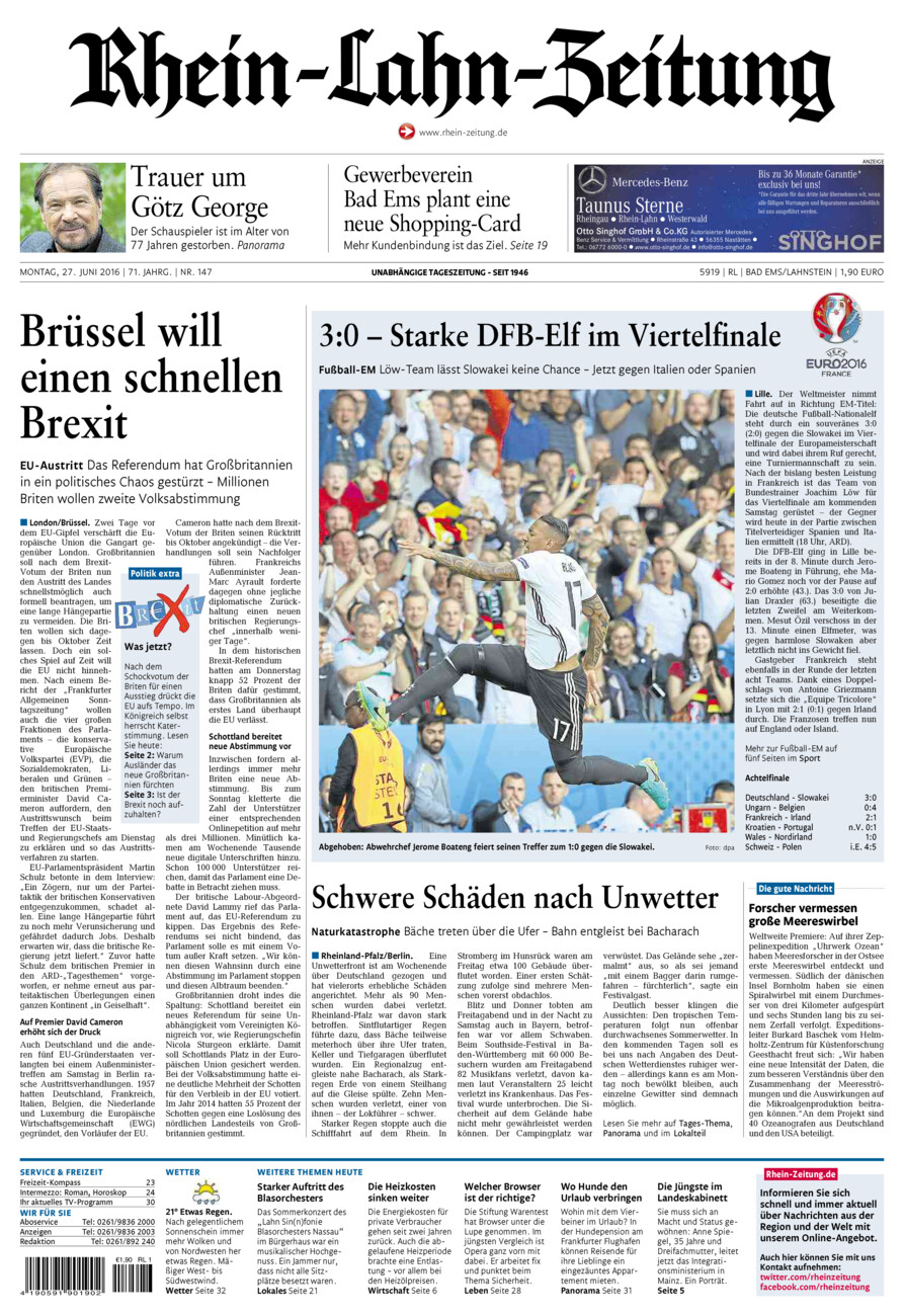 Rhein-Lahn-Zeitung vom Montag, 27.06.2016