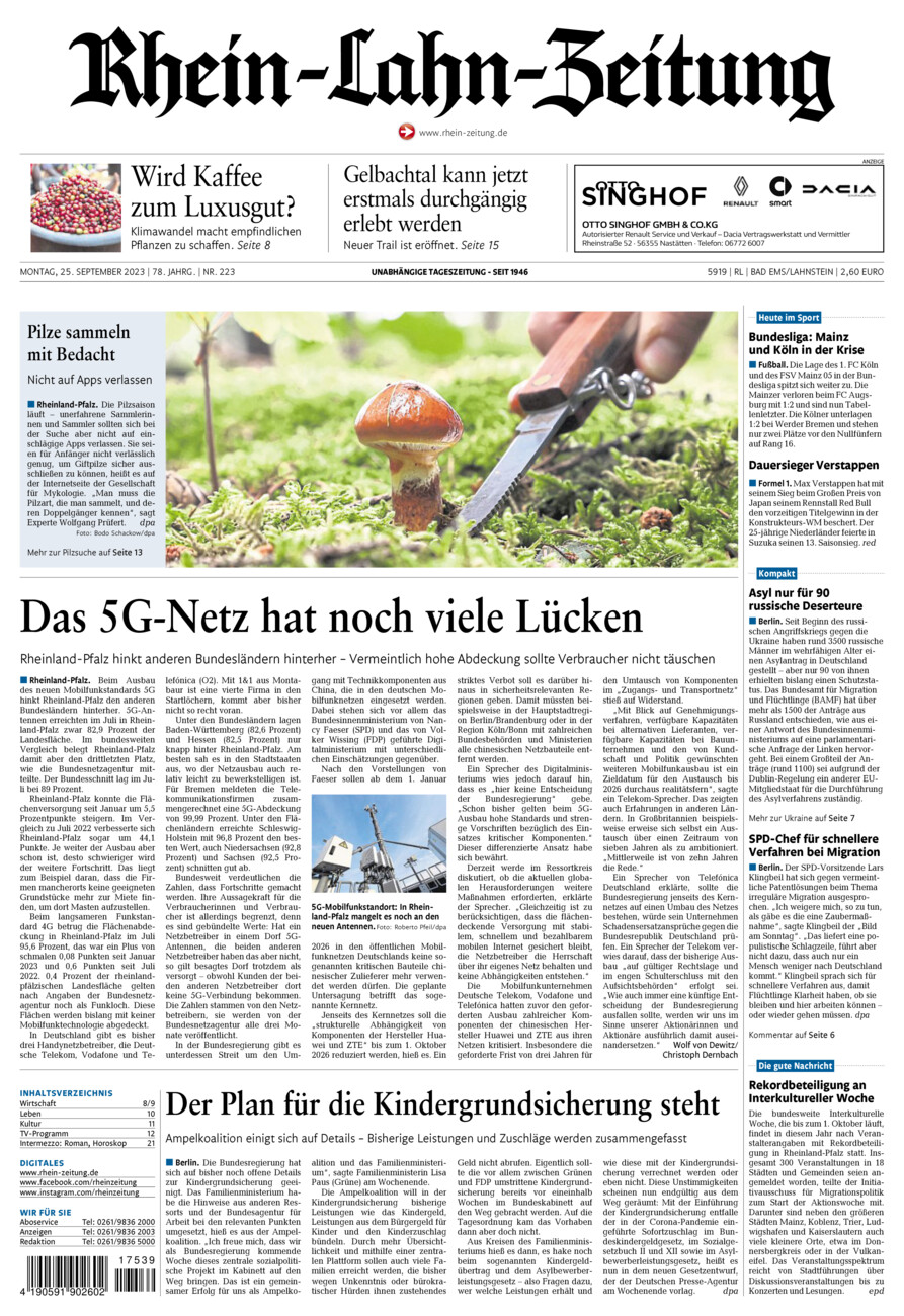 Rhein-Lahn-Zeitung vom Montag, 25.09.2023