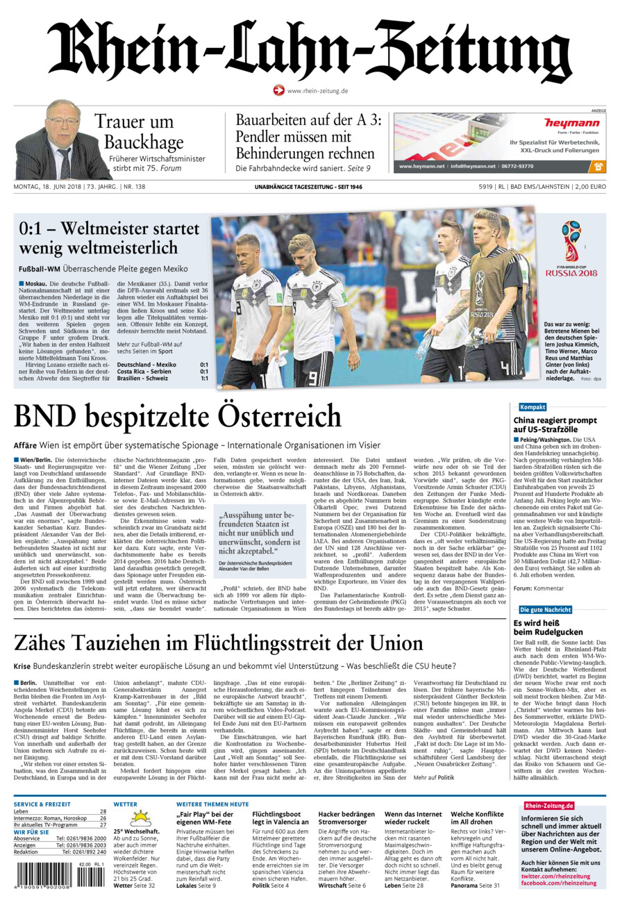 Rhein-Lahn-Zeitung vom Montag, 18.06.2018