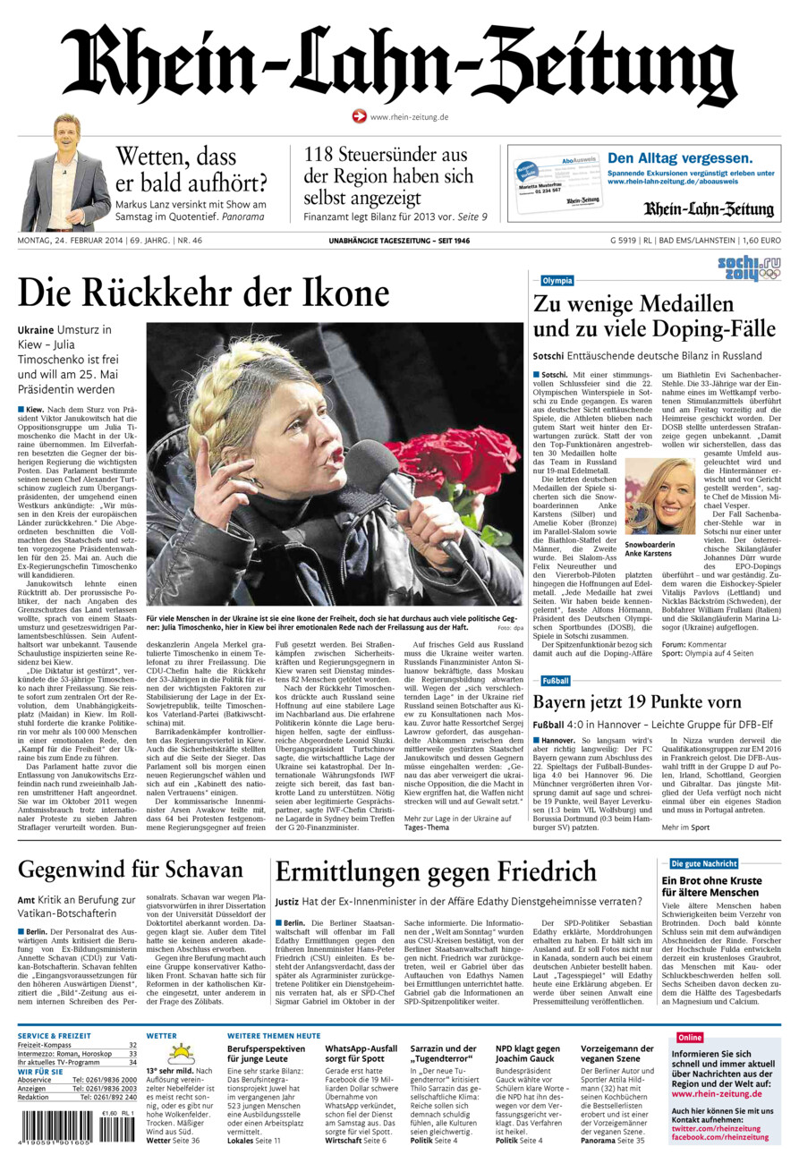 Rhein-Lahn-Zeitung vom Montag, 24.02.2014