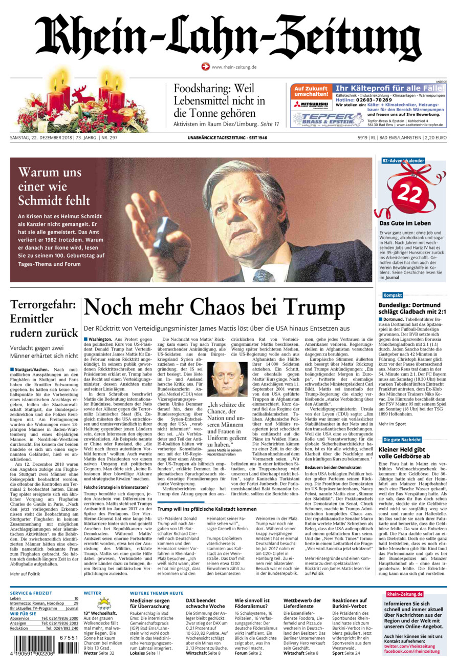 Rhein-Lahn-Zeitung vom Samstag, 22.12.2018