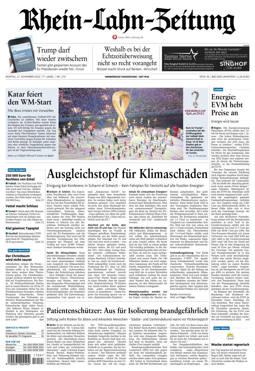 Rhein-Lahn-Zeitung vom Montag, 21.11.2022