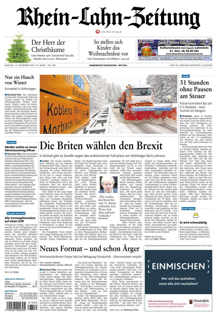 Rhein-Lahn-Zeitung vom Samstag, 14.12.2019