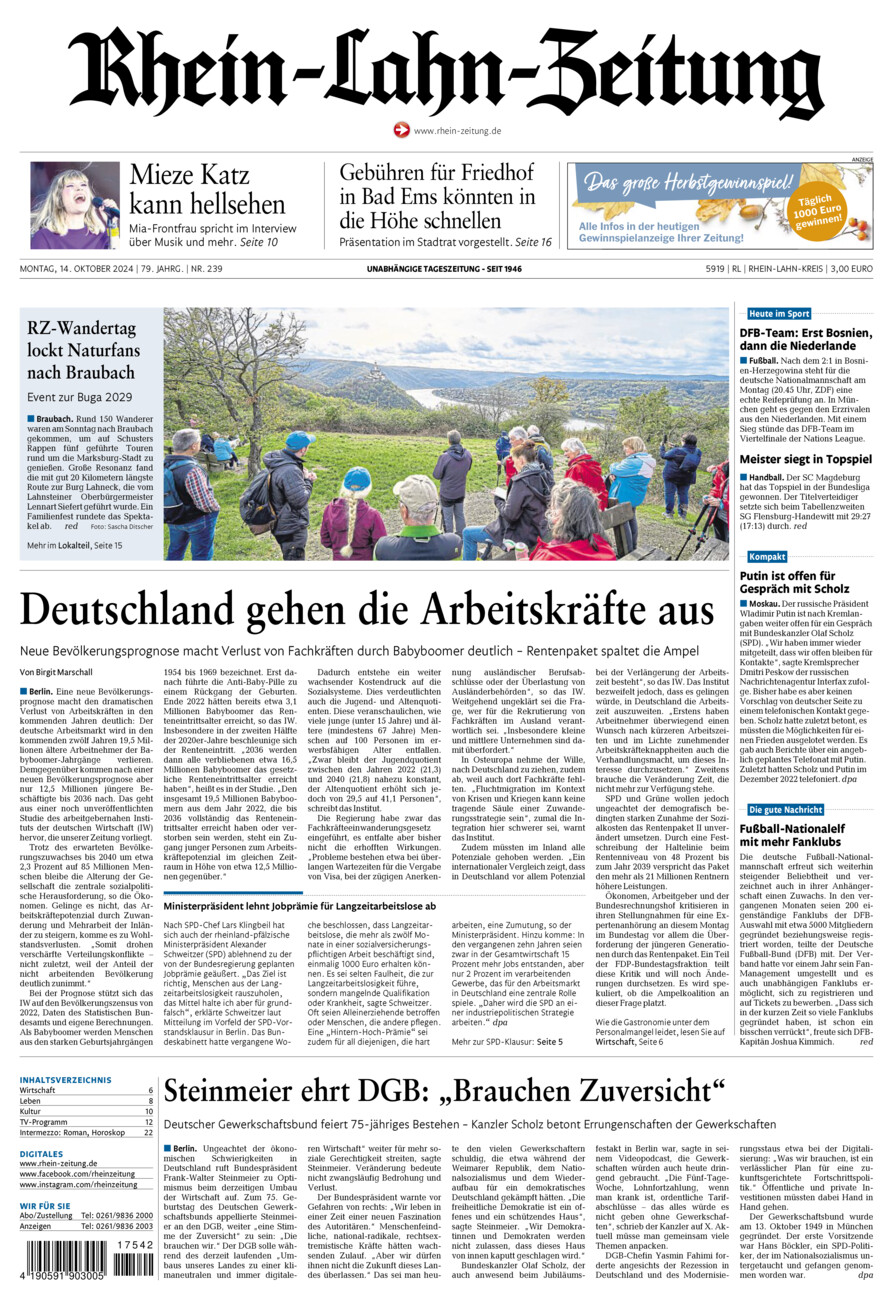 Rhein-Lahn-Zeitung vom Montag, 14.10.2024