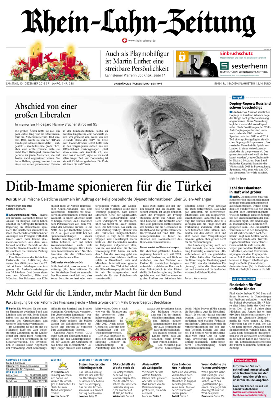 Rhein-Lahn-Zeitung vom Samstag, 10.12.2016