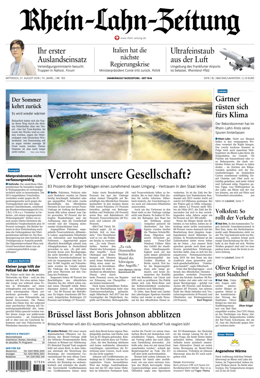 Rhein-Lahn-Zeitung vom Mittwoch, 21.08.2019