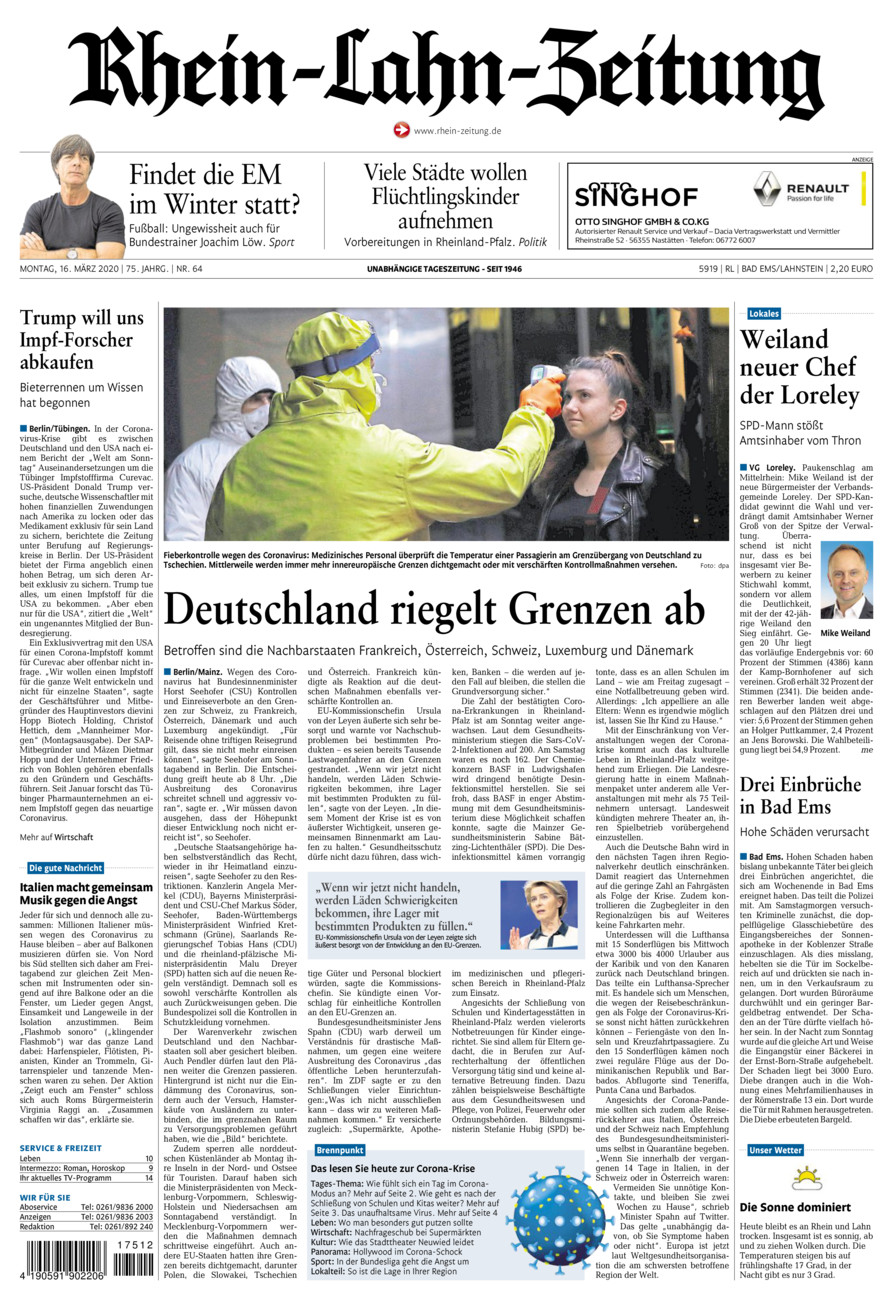 Rhein-Lahn-Zeitung vom Montag, 16.03.2020