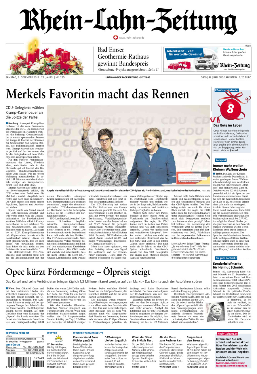 Rhein-Lahn-Zeitung vom Samstag, 08.12.2018