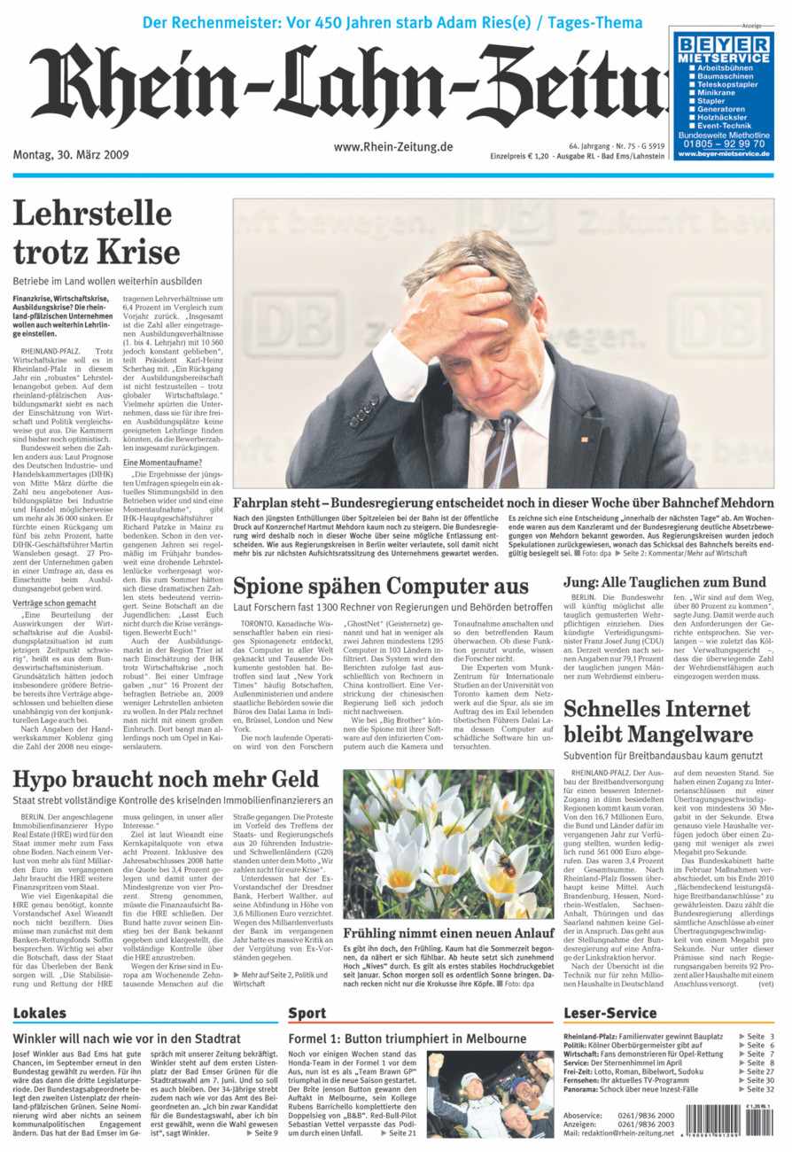 Rhein-Lahn-Zeitung vom Montag, 30.03.2009