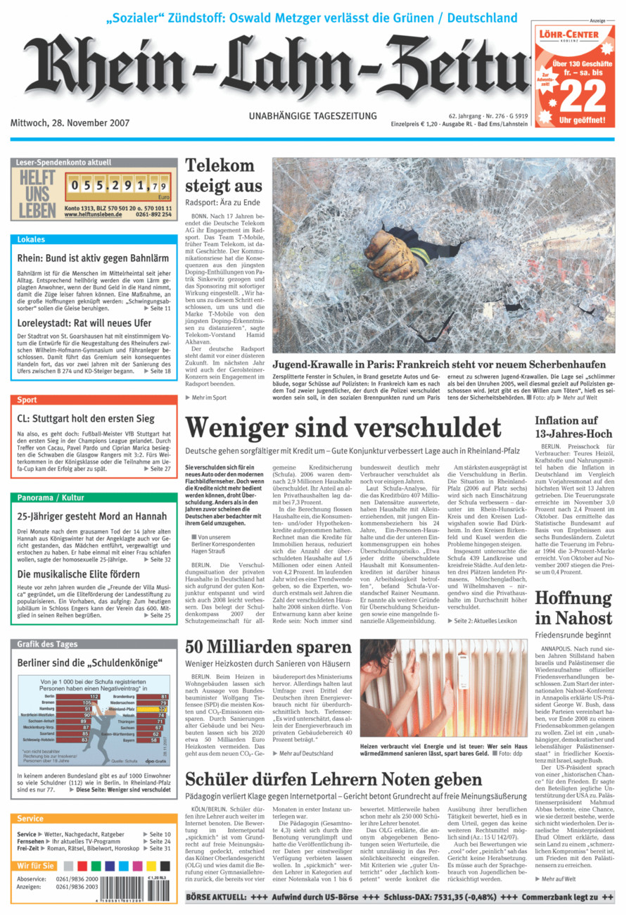 Rhein-Lahn-Zeitung vom Mittwoch, 28.11.2007