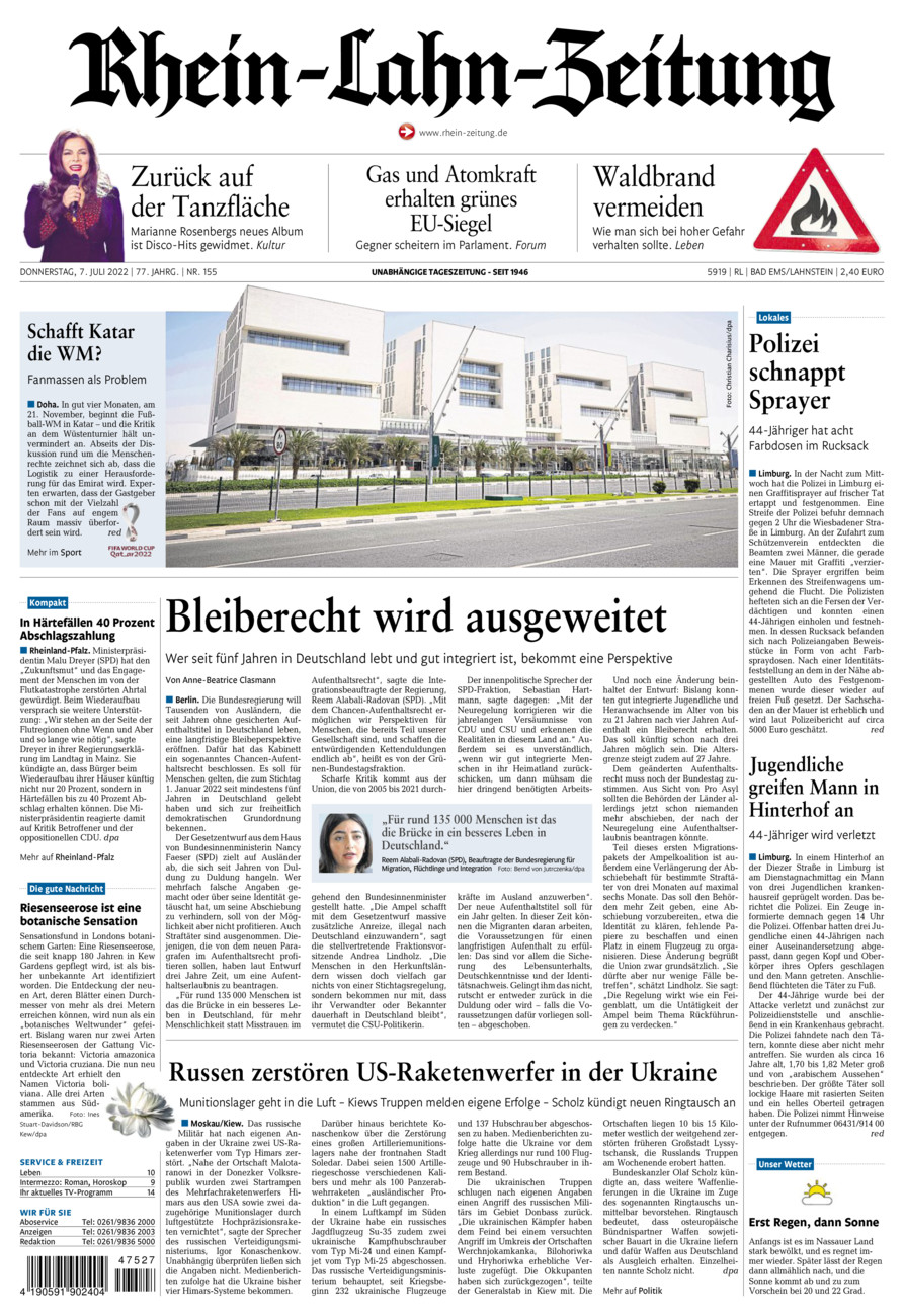 Rhein-Lahn-Zeitung vom Donnerstag, 07.07.2022