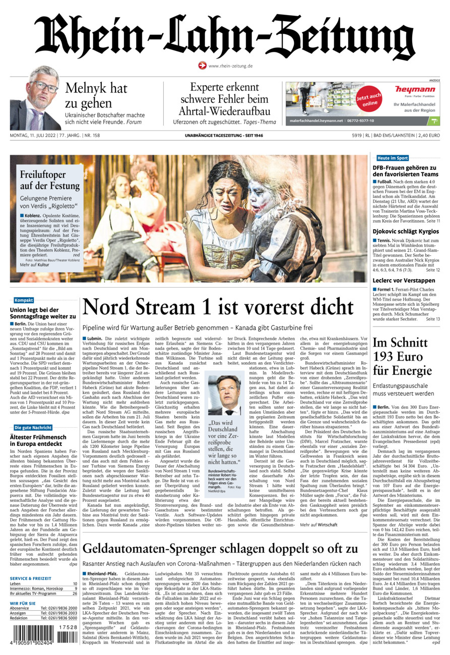 Rhein-Lahn-Zeitung vom Montag, 11.07.2022