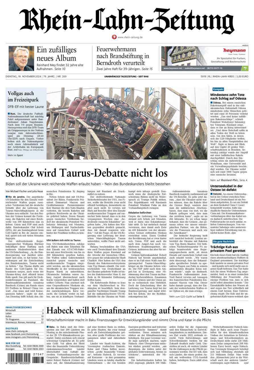 Rhein-Lahn-Zeitung vom Dienstag, 19.11.2024