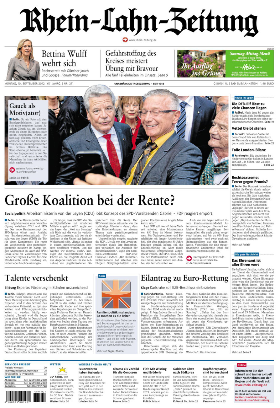 Rhein-Lahn-Zeitung vom Montag, 10.09.2012