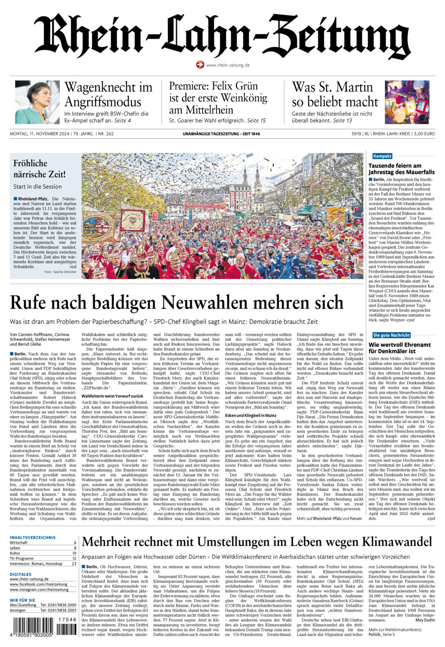 Rhein-Lahn-Zeitung vom Montag, 11.11.2024