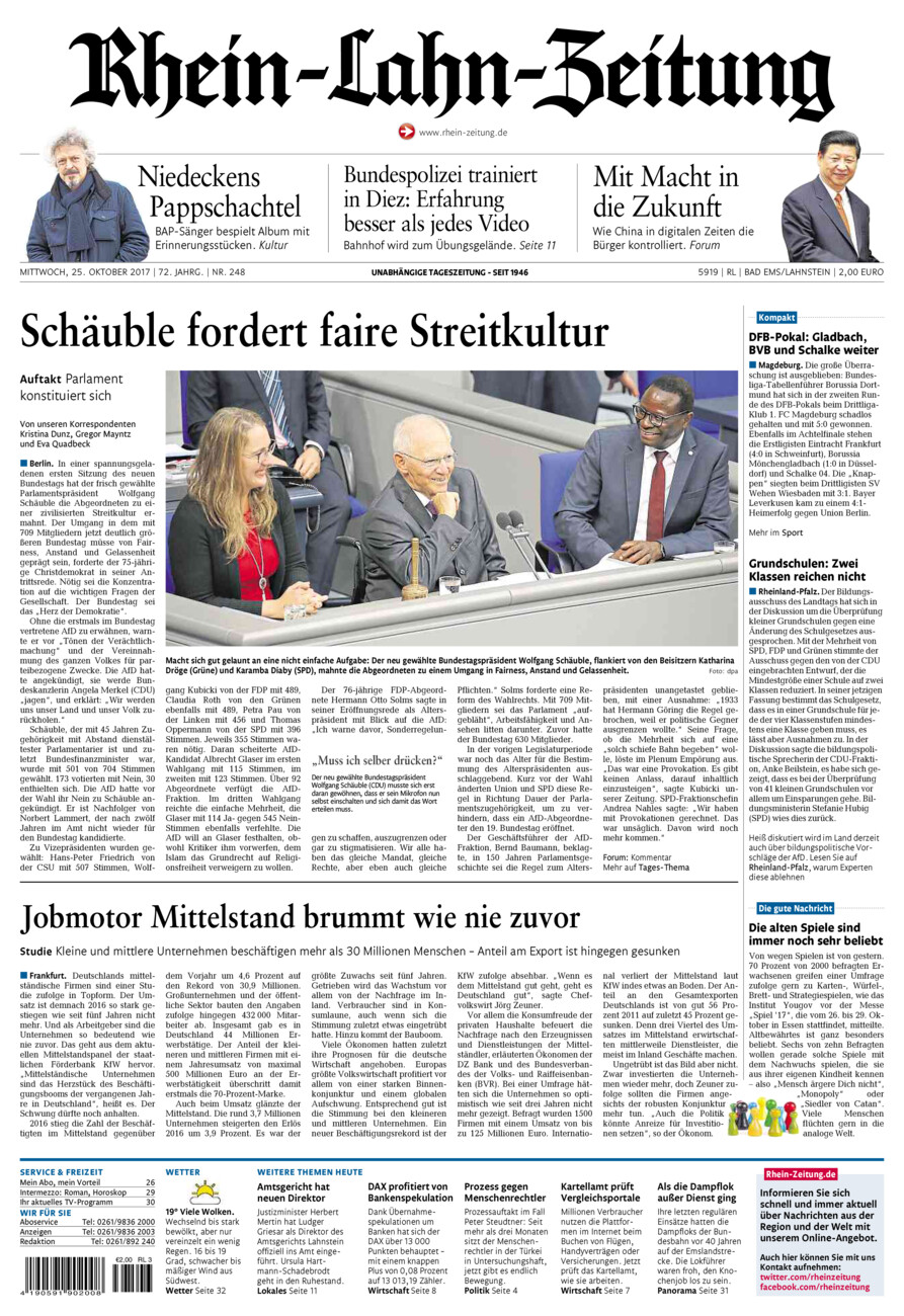 Rhein-Lahn-Zeitung vom Mittwoch, 25.10.2017