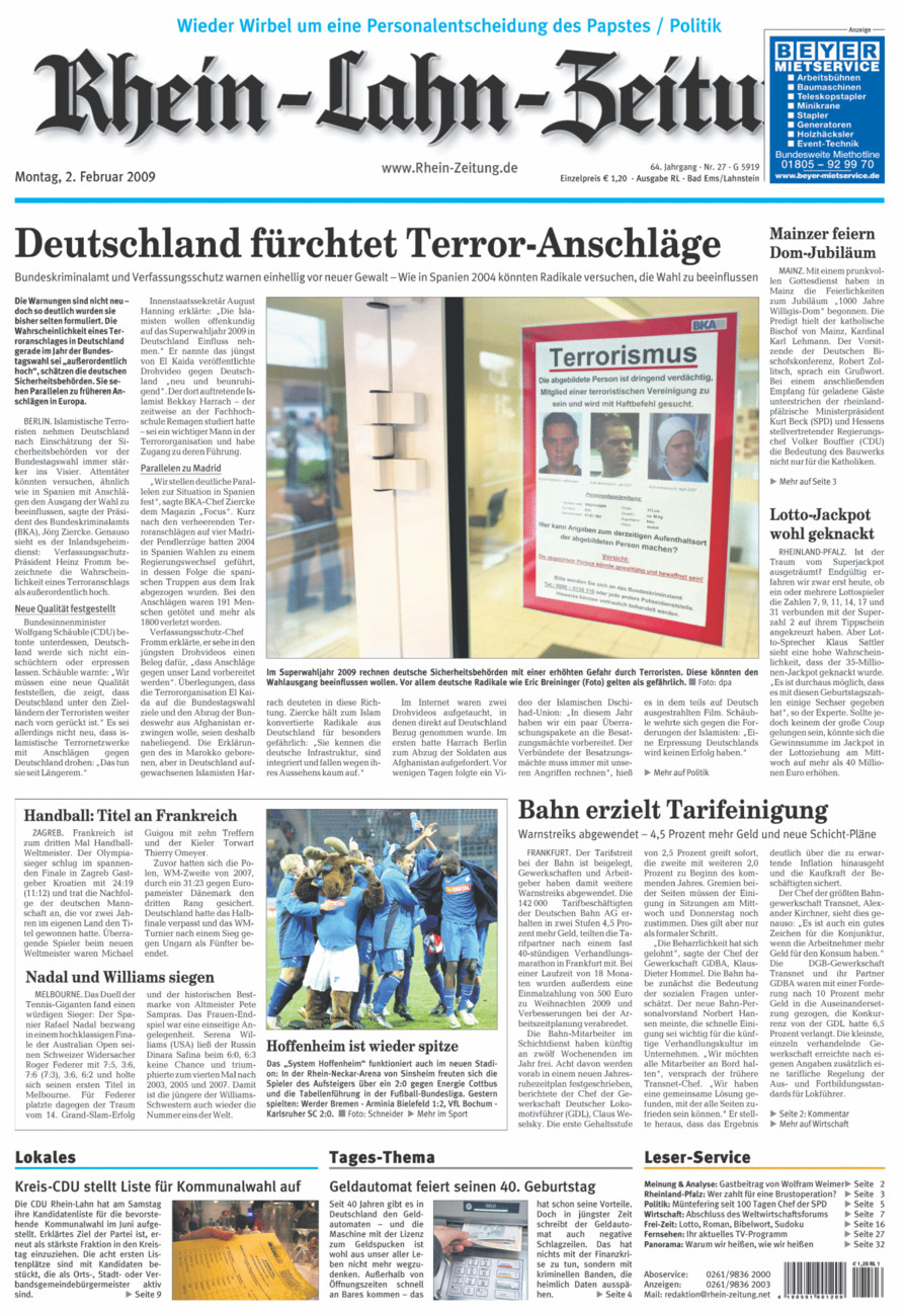 Rhein-Lahn-Zeitung vom Montag, 02.02.2009