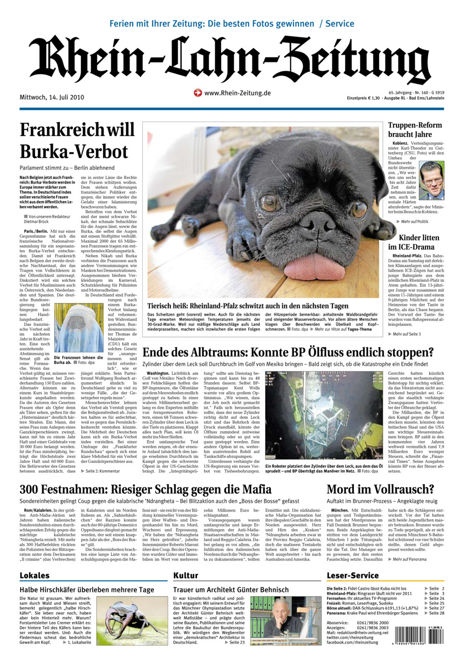 Rhein-Lahn-Zeitung vom Mittwoch, 14.07.2010