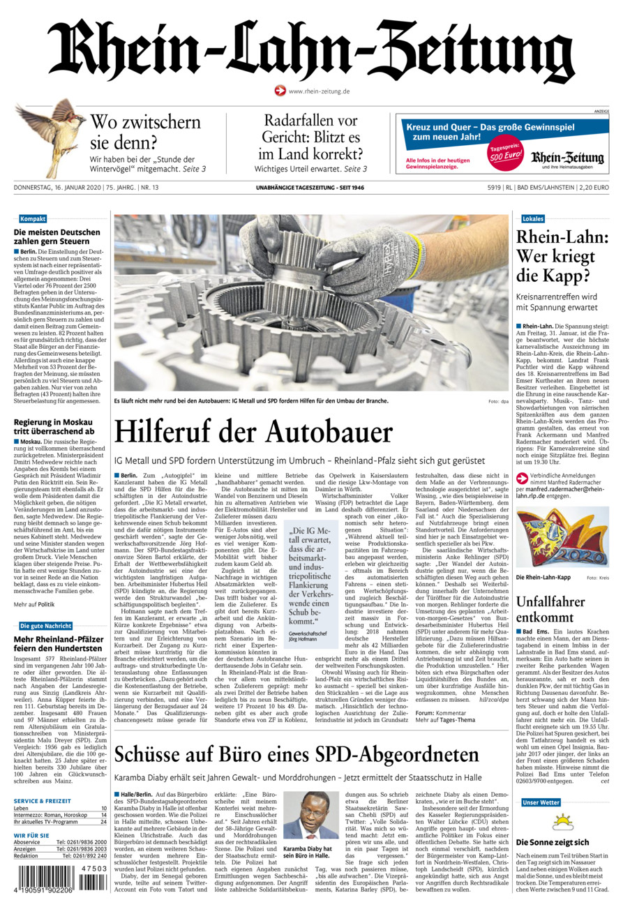 Rhein-Lahn-Zeitung vom Donnerstag, 16.01.2020