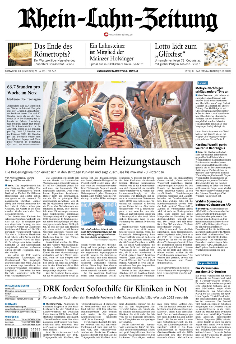 Rhein-Lahn-Zeitung vom Mittwoch, 28.06.2023