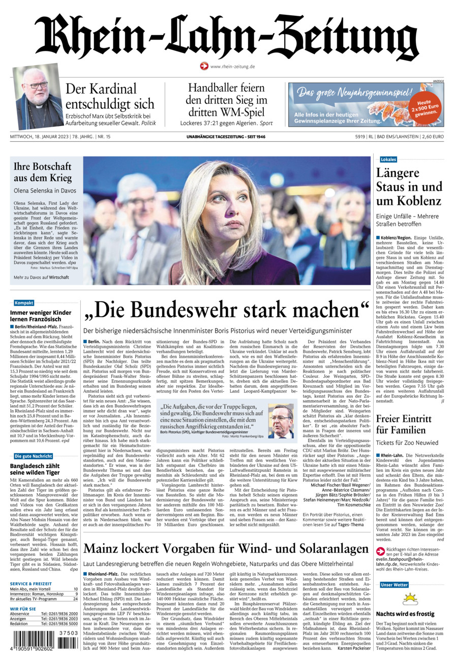 Rhein-Lahn-Zeitung vom Mittwoch, 18.01.2023