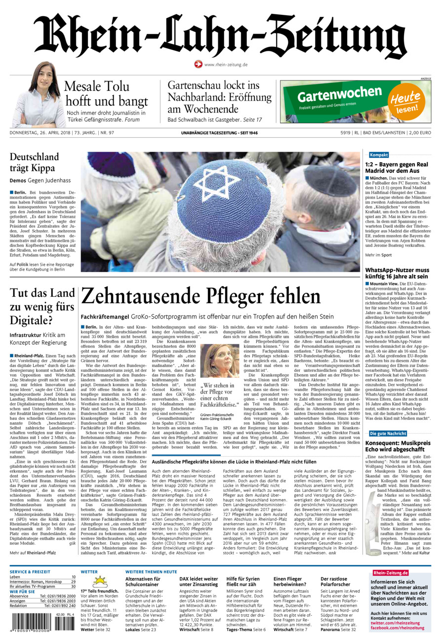 Rhein-Lahn-Zeitung vom Donnerstag, 26.04.2018