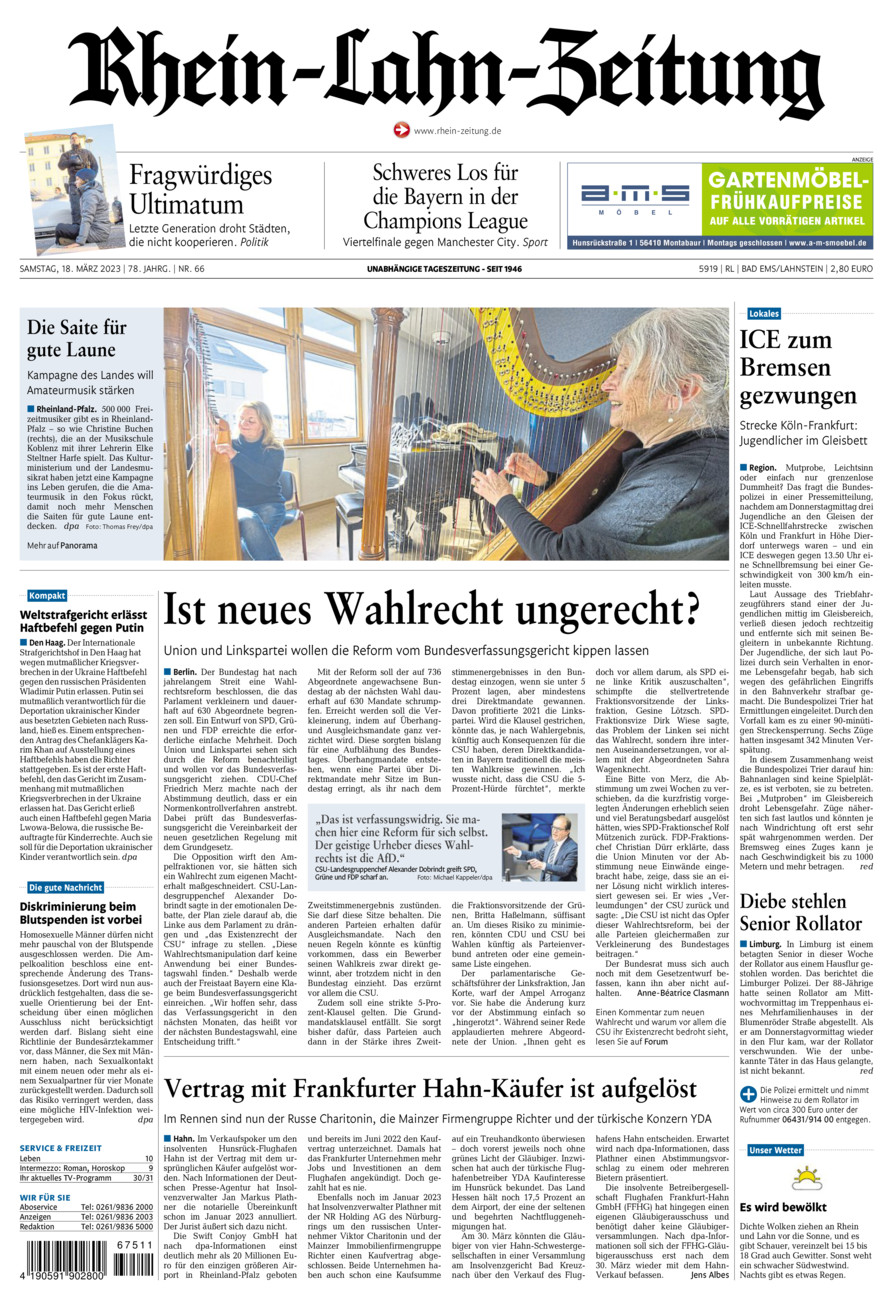 Rhein-Lahn-Zeitung vom Samstag, 18.03.2023