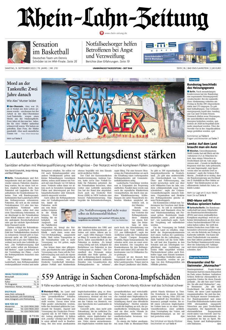 Rhein-Lahn-Zeitung vom Samstag, 09.09.2023
