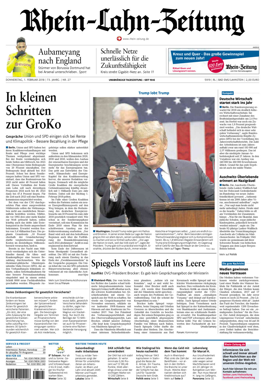Rhein-Lahn-Zeitung vom Donnerstag, 01.02.2018
