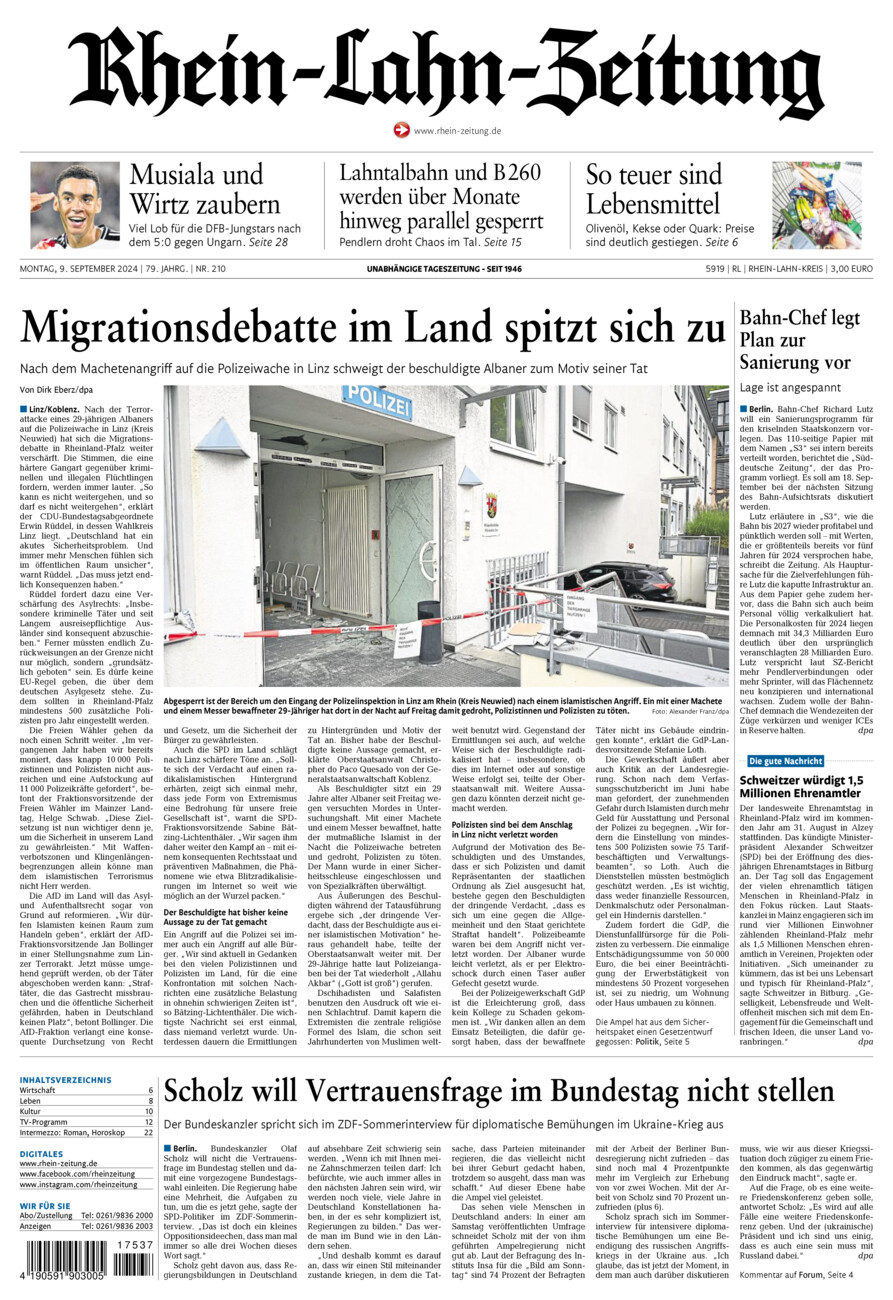 Rhein-Lahn-Zeitung vom Montag, 09.09.2024