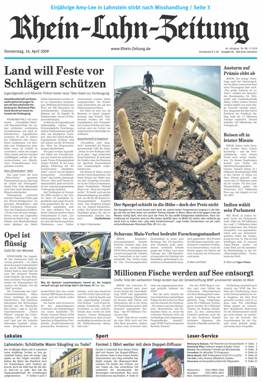 Rhein-Lahn-Zeitung vom Donnerstag, 16.04.2009