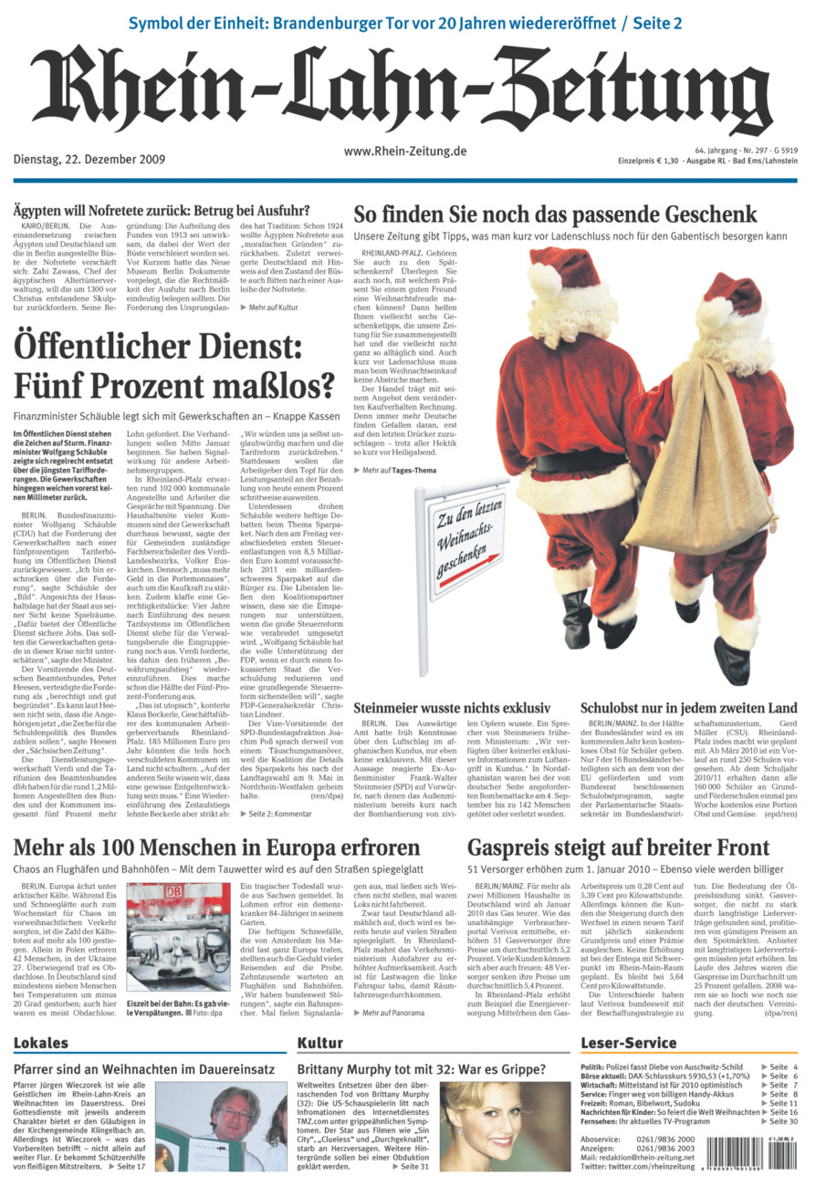 Rhein-Lahn-Zeitung vom Dienstag, 22.12.2009