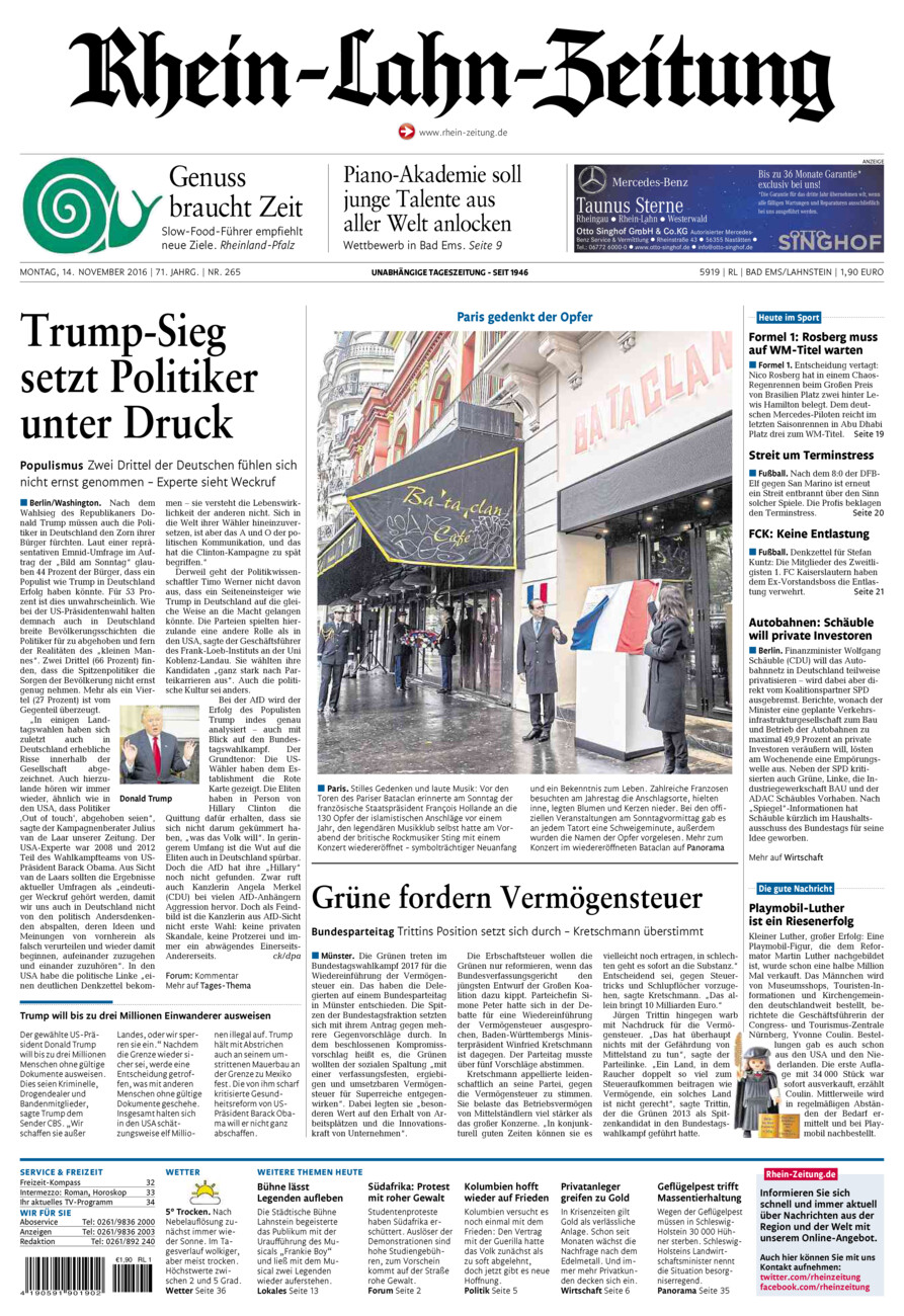 Rhein-Lahn-Zeitung vom Montag, 14.11.2016