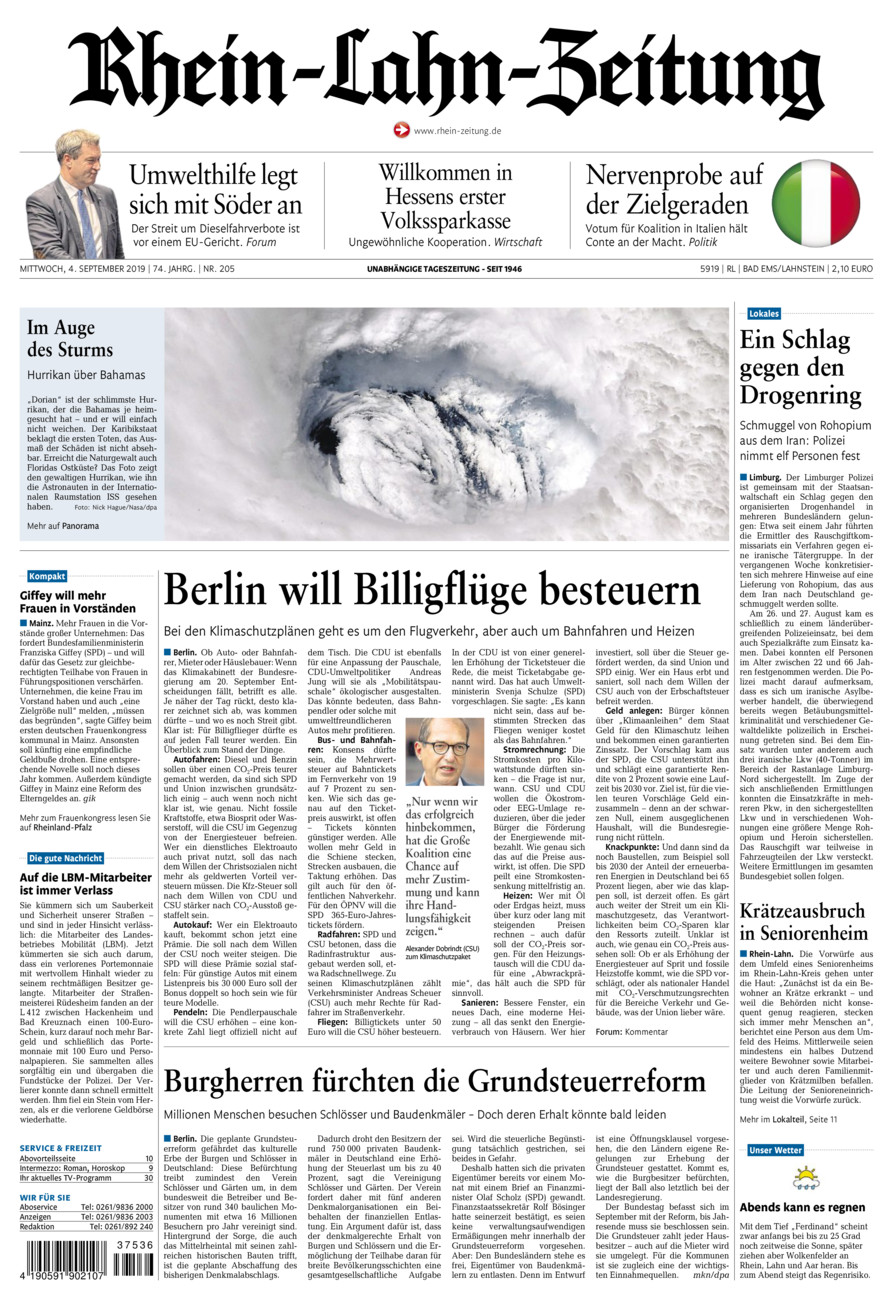 Rhein-Lahn-Zeitung vom Mittwoch, 04.09.2019