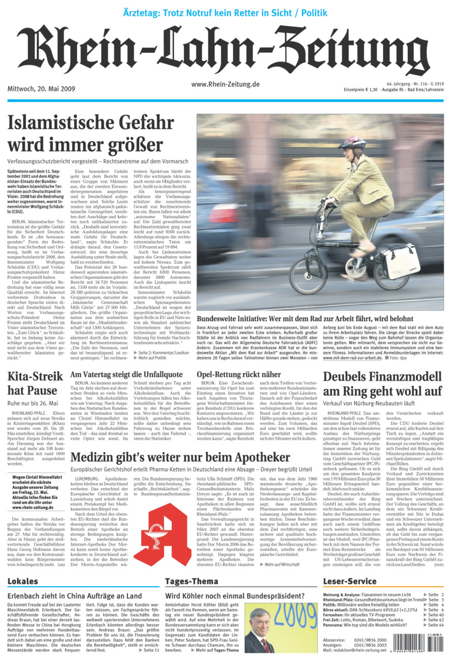 Rhein-Lahn-Zeitung vom Mittwoch, 20.05.2009