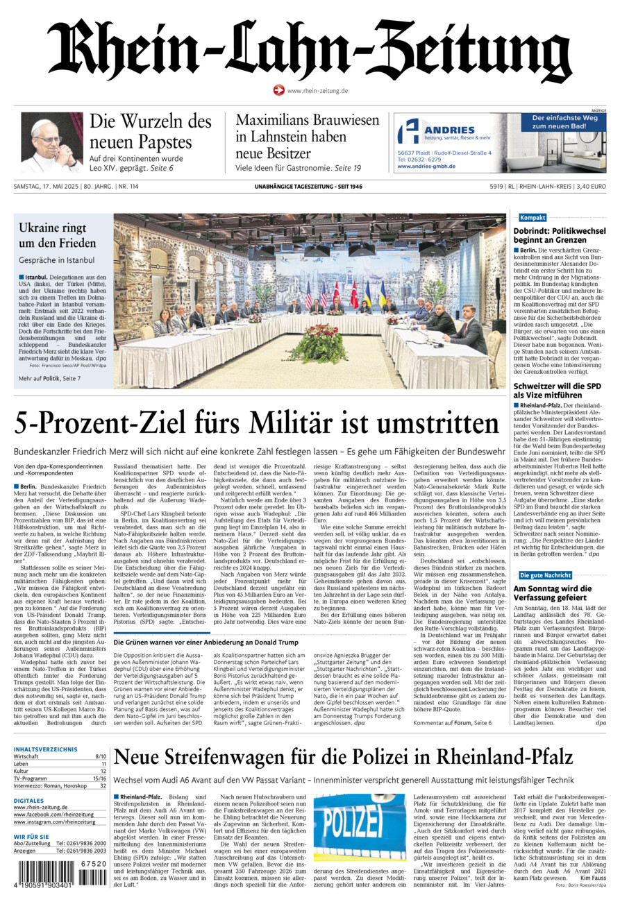 Rhein-Lahn-Zeitung vom Samstag, 17.05.2025