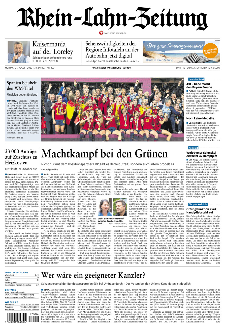 Rhein-Lahn-Zeitung vom Montag, 21.08.2023