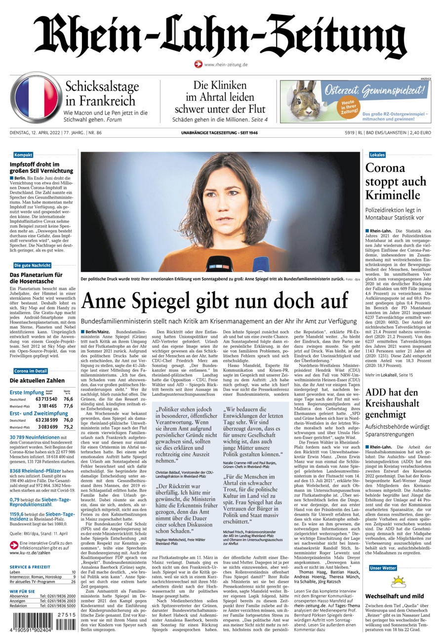 Rhein-Lahn-Zeitung vom Dienstag, 12.04.2022