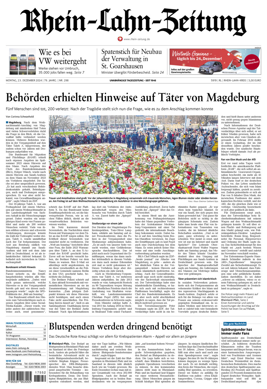 Rhein-Lahn-Zeitung vom Montag, 23.12.2024