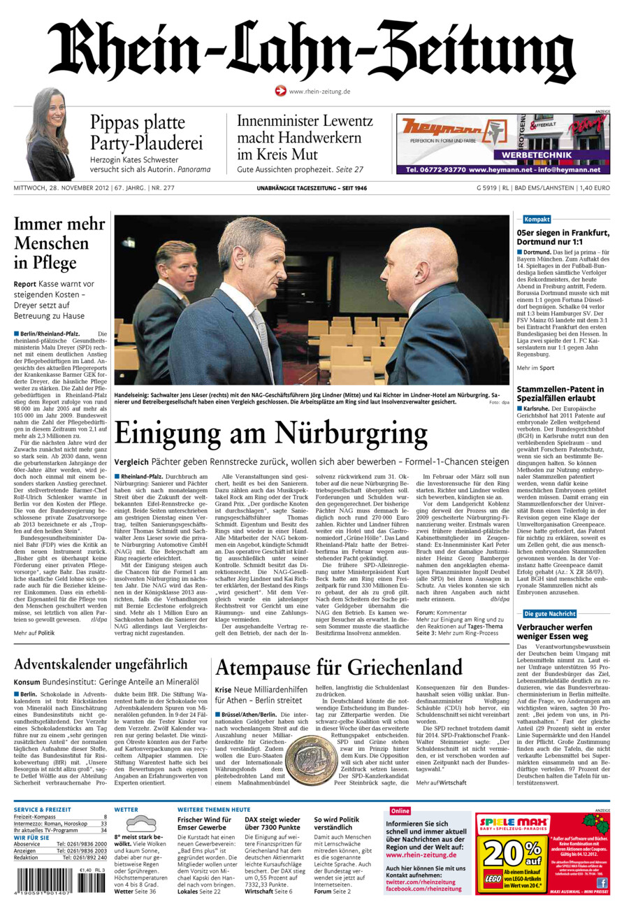 Rhein-Lahn-Zeitung vom Mittwoch, 28.11.2012