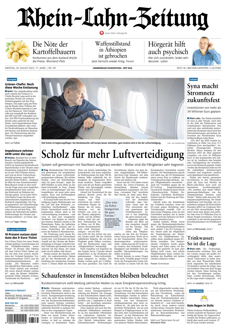 Rhein-Lahn-Zeitung vom Dienstag, 30.08.2022