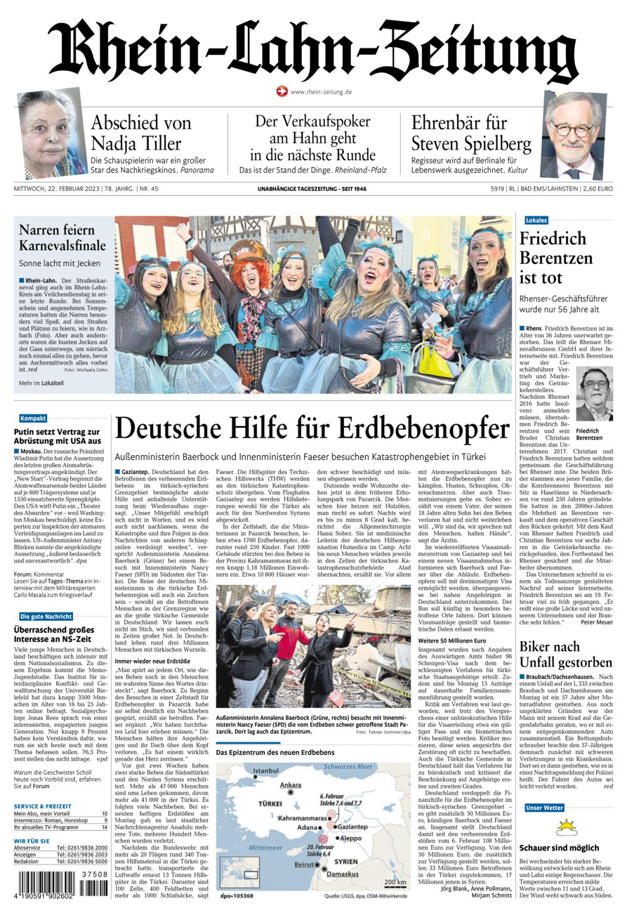 Rhein-Lahn-Zeitung vom Mittwoch, 22.02.2023