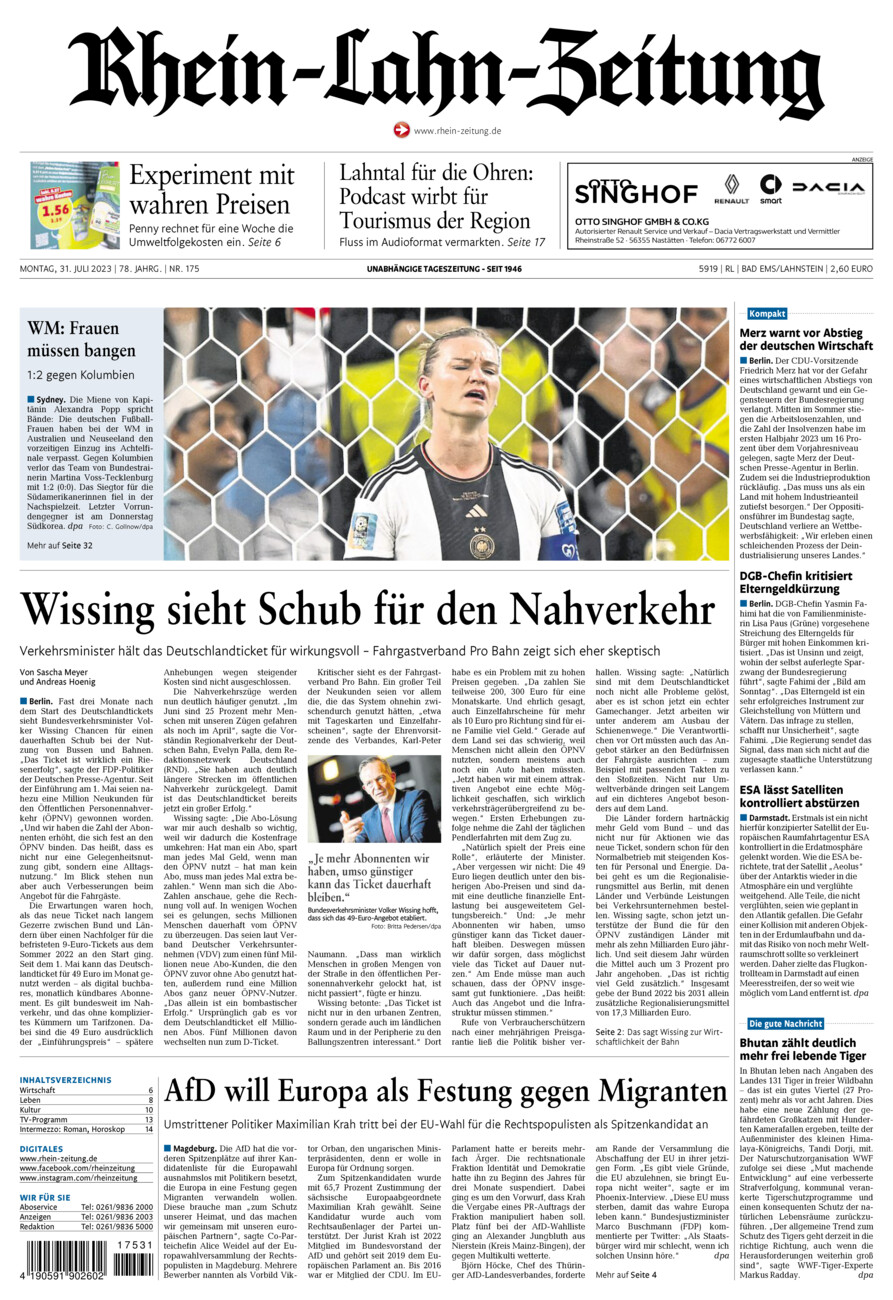 Rhein-Lahn-Zeitung vom Montag, 31.07.2023