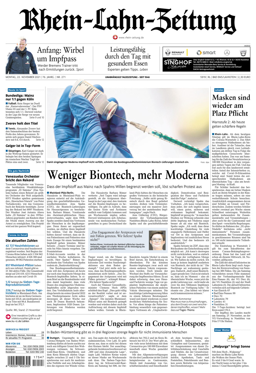 Rhein-Lahn-Zeitung vom Montag, 22.11.2021