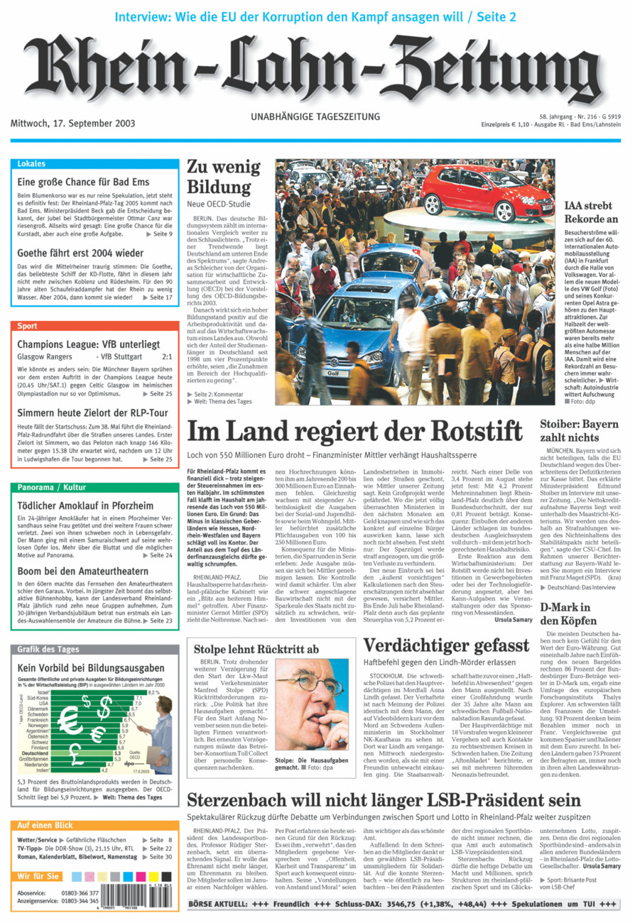 Rhein-Lahn-Zeitung vom Mittwoch, 17.09.2003