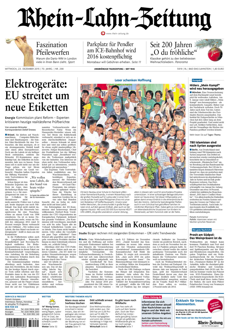 Rhein-Lahn-Zeitung vom Mittwoch, 23.12.2015
